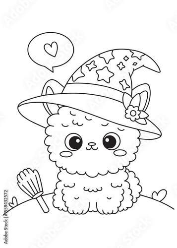 Coloring book alpaca in a garden hat with rake.