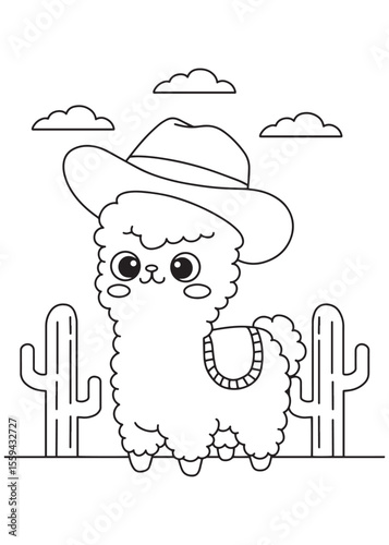 Coloring book alpaca cowboy with hat in desert.
