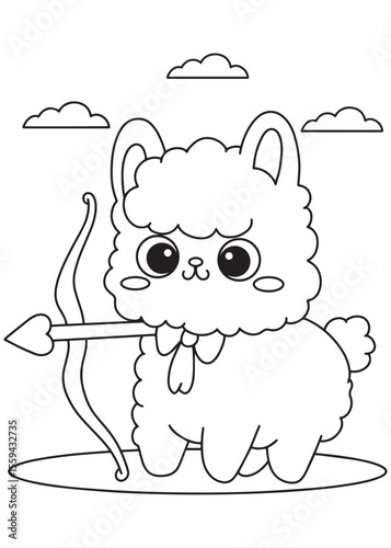 Coloring book alpaca as archer with bow and arrow.
