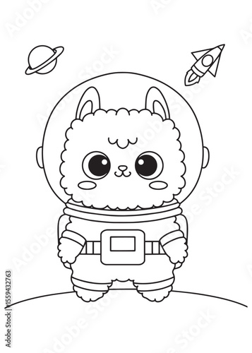 Coloring book alpaca astronaut in outer space.