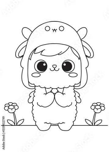 Coloring book alpaca girl in alpaca hoodie.