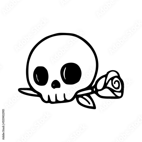 cute doodle skull with rose outline