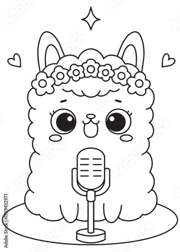Coloring book alpaca singer with flower crown.