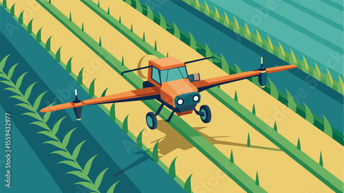 An aerial view of an autonomous herbicide sprayer in action moving through a large crop field with precision and accuracy.. Vector illustration