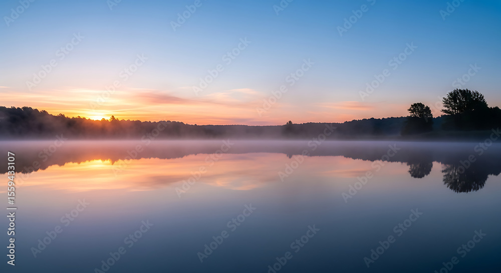 Serene lake reflecting a clear sky at dawn, mist rising from the water Serene lake reflecting a clear sky at dawn, mist rising from the water