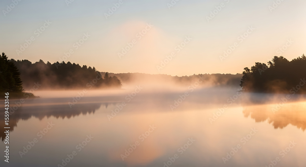 Obraz premium Serene lake reflecting a clear sky at dawn, mist rising from the water