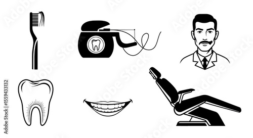 Assortment of dental care items including a toothbrush, floss, teeth, and a dentist chair image