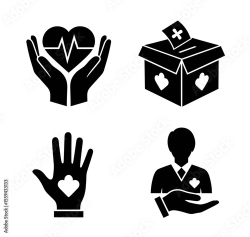 Collection of charity and healthcare related icons featuring hands hearts and donation box imagery displayed