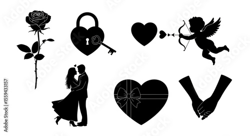 Collection of romantic themed icons including rose, couple, cupid, heart, lock and hands entwined