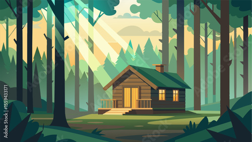 Dappled sunlight filters through the towering trees surrounding the log cabin creating a serene and natural office environment.. Vector illustration