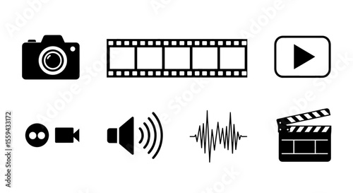 Collection of media icons including camera film strip play button volume and sound wave displayed