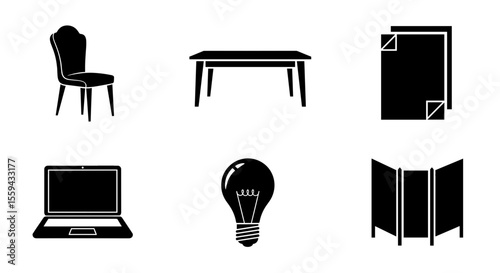 Collection of furniture including a chair table laptop bulb and folding screen in a graphic style