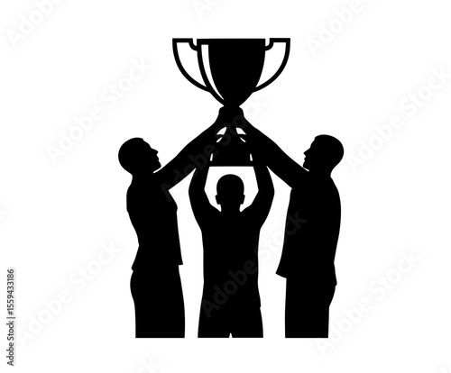 Three figures raising a trophy together in a show of teamwork and achievement after winning a contest