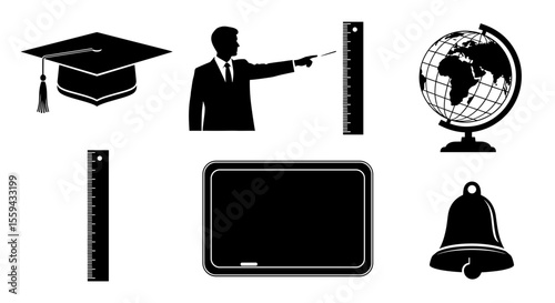 Illustration showcasing education related items including teacher globe and graduation cap for learning theme