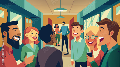 The sound of laughter and conversation echoing through the lodges hallways as coworkers gather in the evenings to socialize and unwind after a day of productive work.. Vector illustration