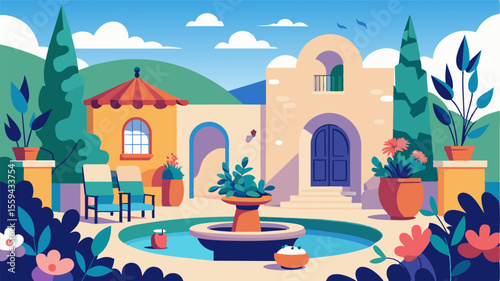 The tranquility of a Mediterranean villa is the perfect escape for a busy remote worker. A peaceful courtyard filled with fragrant flowers and a small fountain provides an ideal. Vector illustration