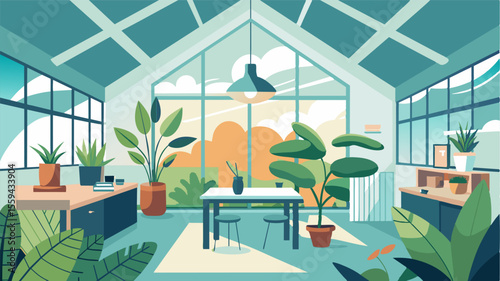 The generous amount of natural light and plants gave the penthouse a calming and rejuvenating vibe perfect for long work days.. Vector illustration