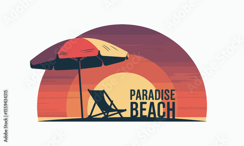 A beach umbrella and deck chair on a beach at sunset with the words Paradise Beach