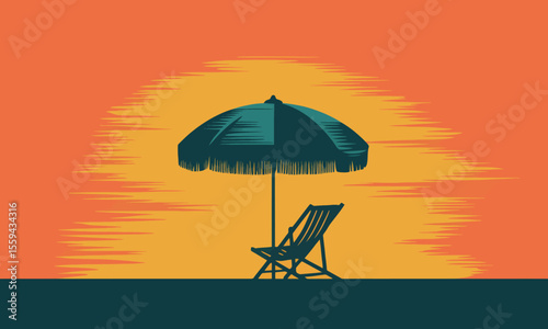 A beach umbrella and deck chair silhouetted against a stylized orange and yellow sunset