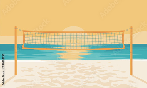 A beach volleyball net on a sandy beach with the sun setting over the ocean