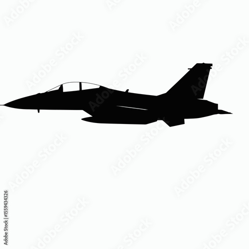 A black silhouette of a fighter jet plane against a white background