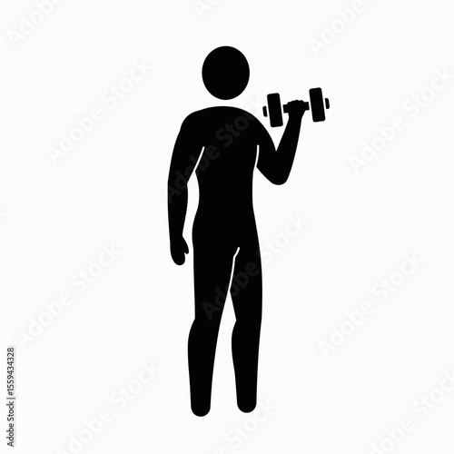A black silhouette of a person standing and lifting a dumbbell performing a bicep curl