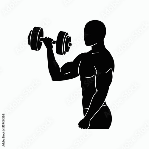 A black silhouette of a muscular man doing a bicep curl with a dumbbell