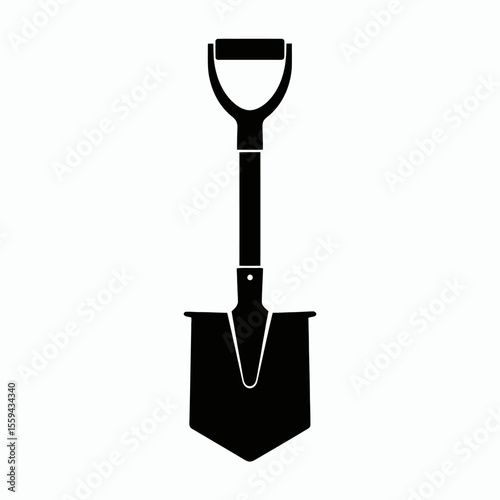 A black silhouette of a shovel with a Dshaped handle against a white background