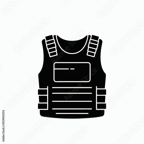 A black silhouette of a tactical bulletproof vest on a white background