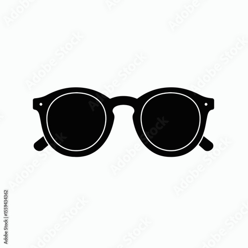 A black silhouette of round sunglasses against a white background