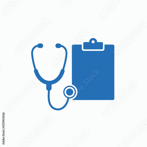A blue icon of a stethoscope and a clipboard symbolizing healthcare and medicine