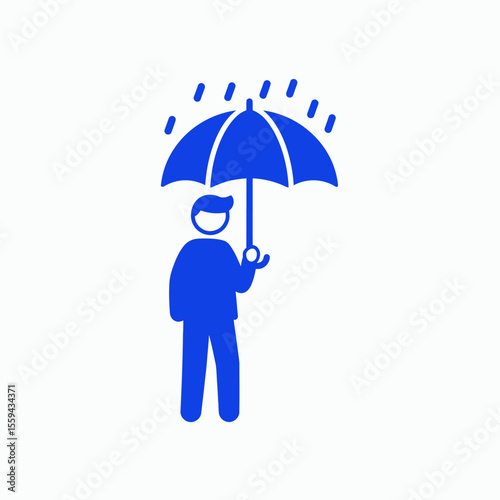 A blue pictogram of a person holding an open umbrella under falling raindrops on a white background