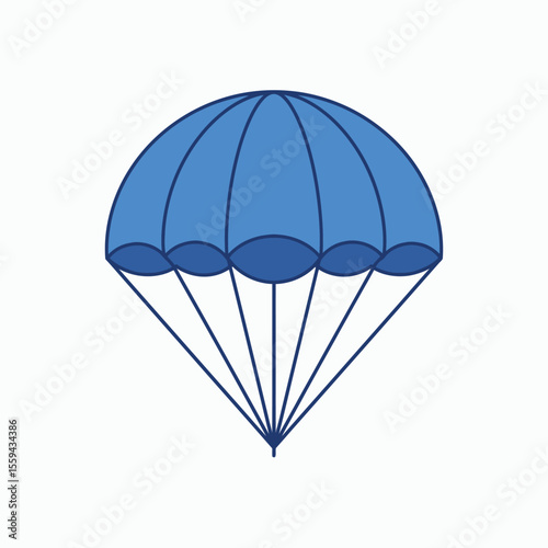 A blue parachute with dark blue lines against a white background
