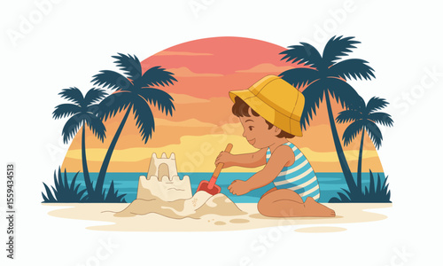 A child in a sun hat builds a sandcastle on a tropical beach at sunset