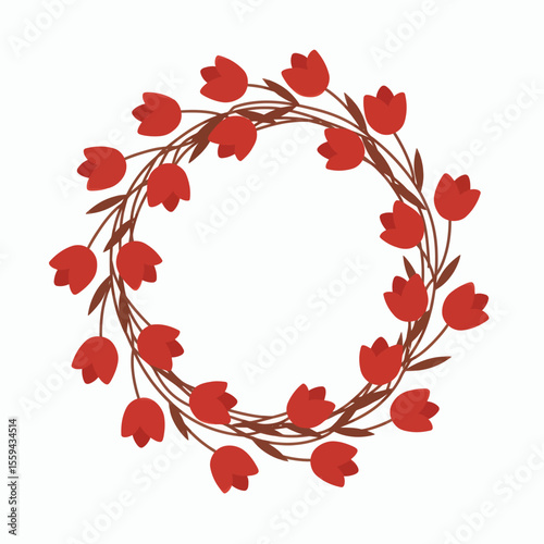A circular wreath made of brown stems and red stylized tulips against a white background
