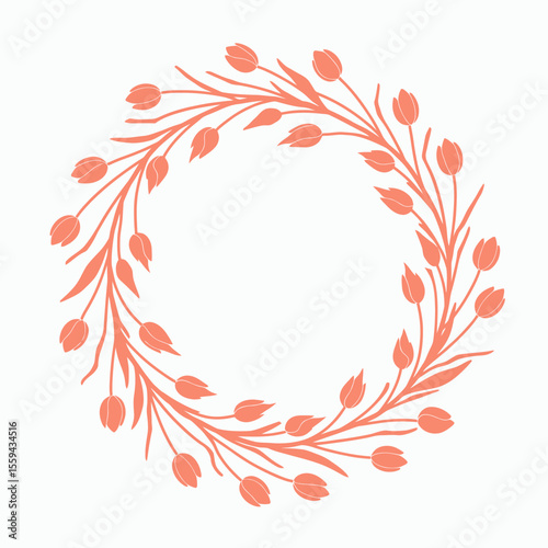 A circular wreath of coralcolored stylized tulips and leaves forming a decorative frame on a white background