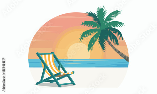 A circular illustration of a tropical beach with a deck chair a palm tree and a setting sun over the ocean