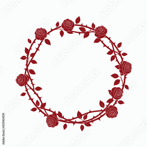 A circular wreath made of intertwined red thorny rose stems with leaves and rose blossoms