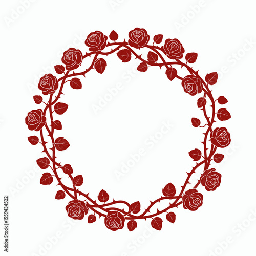A circular wreath of red roses with thorny stems and leaves set against a white background