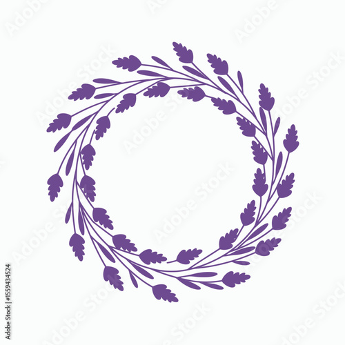 A circular wreath of purple lavender sprigs on a white background