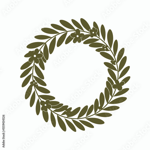 A circular wreath of olive green leaves and small flowers against a white background