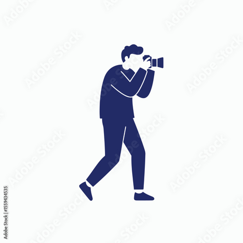 A dark blue silhouette illustration of a photographer in action