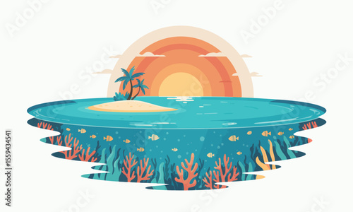 A crosssection illustration of a tropical ocean showing a small island above and a vibrant coral reef below