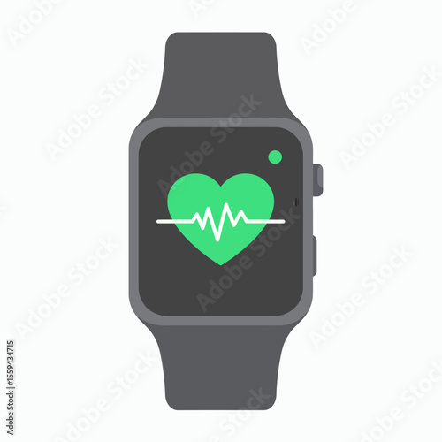 A gray smartwatch showing a heart rate monitor with a green heart and a white EKG line