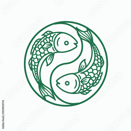 A green line drawing of two fish forming a yinyang symbol within a circle on a white background