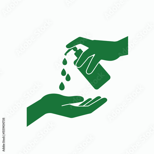 A green graphic icon showing a hand dispensing sanitizer or soap into another hand
