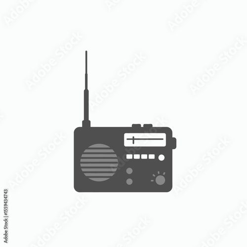 A grayscale illustration of a portable radio with an extended antenna on a white background