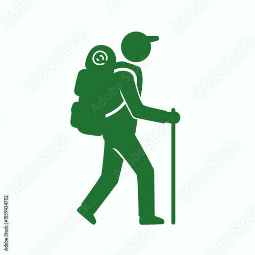 A green pictogram of a hiker with a backpack cap and a walking stick