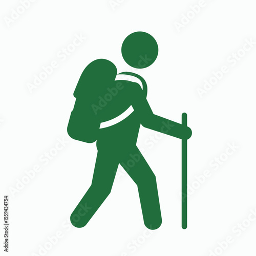 A green pictogram of a hiker with a backpack and a walking stick