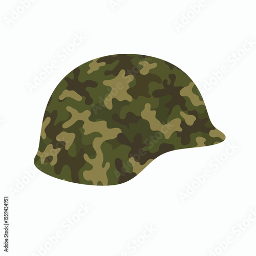 A military helmet with a woodland camouflage pattern shown in profile
